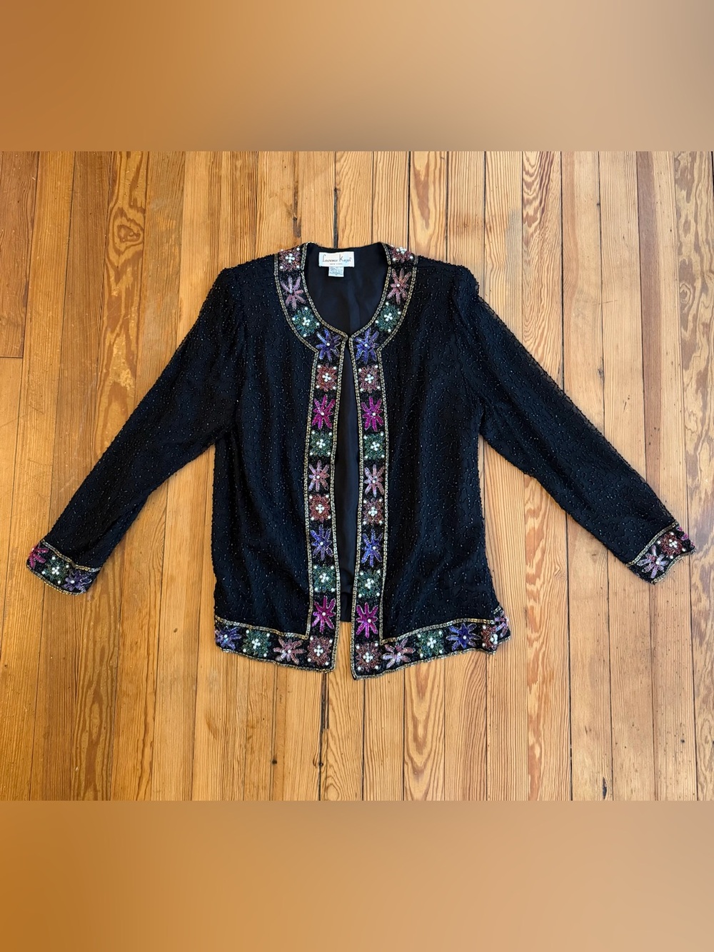 Laurence Kazar New York 100% Silk Beaded Jacket Black Floral Open Front M